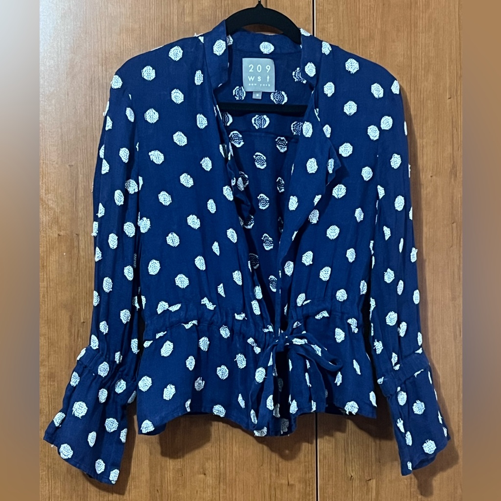 209 Wst New York 100% Linen Blazer Top Jacket Blue Polka Dot Feminine Size M